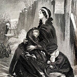 Homeless Family In Winter Auction House Steel Engraving 1859 Victorian Art DWY5C